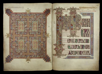 Ewangelia według św. Jana; strona dywanu i strona incipitu, Cotton Nero D. IV, f.210v i f.211r z Ewangelii Lindisfarne, 710-721 (welin)