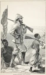 Stanley zbliża się do jeziora Tanganika, ilustracja z The Pictorial Edition of the Life and Discoveries of David Livingstone autorstwa J. Ewing Richie, wyd. przez A. Fullartona & Co., 1876