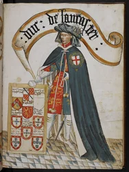 Stowe 594 f.8, Portret Henryka, księcia Lancaster, rycerza założyciela Zakonu Podwiązki, ilustracja z „Księgi podwiązkowej Williama Brugesa”, ok. 1450 (tempera na welinie)