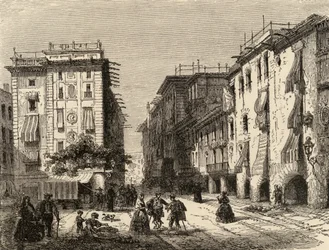 Ulica w Barcelonie, ilustracja z „Spanish Pictures” ks. Samuela Manninga (rycina)