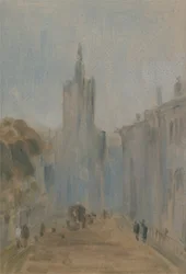 Ulica z kościołem i figurami przypisywanymi wcześniej J.M.W. Turner (1775-1851), a także przypisywany Peterowi de Wint (1784-1849), 1822-25 (olej na papierze)