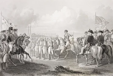 Poddanie się Lorda Cornwallisa w York Town, Wirginia, 19 października 1781, z "Galerii portretów historycznych", opublikowanej ok. 1880 r.
