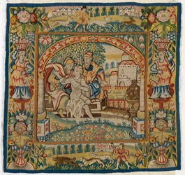 Gobelinowa poszewka na poduszkę przedstawiająca Susannah at the Bath (jeden z zestawu sześciu Sheldon Tapestries, 47,9 do 47,14), wykonana w Sheldon w Anglii, jeśli jest autentyczna