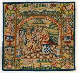 Gobelinowa poszewka na poduszkę przedstawiająca Susannah before Judge (jeden z zestawu sześciu Sheldon Tapestries, obejmujący od 47,9 do 47,14), wykonana w Sheldon w Anglii, jeśli jest autentyczna