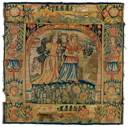 Gobelinowa poszewka na poduszkę przedstawiająca Susannah w drodze do kąpieli, wykonana w Sheldon w Anglii, po 1600 roku (wełna)