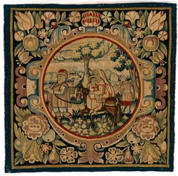 Gobelinowa poszewka na poduszkę przedstawiająca Ucieczkę do Egiptu, wykonana prawdopodobnie w Sheldon w Anglii, początek XVII w. (wełna)