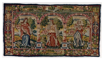 Długa poduszka gobelinowa przedstawiająca Wiarę, Nadzieję i Miłość, wykonana w Sheldon w Anglii, koniec XVI w. (wełna)