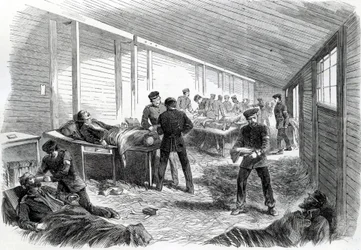 Tymczasowy szpital polowy za drugim równoleżnikiem pruskim w Dueppel, 1864 r