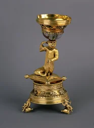 Sól małpy, podarowana New College w Oksfordzie przez arcybiskupa Warhama w 1516 r., ok. 1450-1500 (posrebrzane, rubinowe i kryształowe)