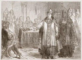 Arcybiskupi Yorku i Canterbury przed Parlamentem w Opactwie Westminsterskim, ilustracja z Historii protestantyzmu Jamesa Aitkena Wylie (1808-1890), wyd. 1878
