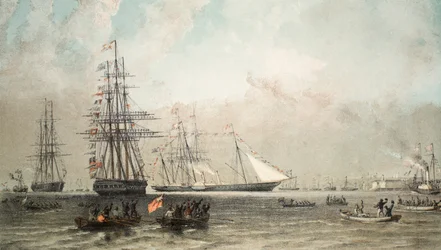 Przybycie królewskiego jachtu z Gravesend, 7 marca 1863, z Pomnika małżeństwa Edwarda VII i Aleksandry z Danii, wyd. 1864
