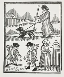 Żebrak podróżujący ze swoim psem, przynosi do domu dobry zapas bogactwa, z którym przewyższa Rycerza, I poślubia swoje dziecko ku jej uciesze, ilustracja z ksiąg rozdziałów z XVIII wieku