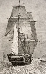 Brig HMS Beagle, z „Journal of Researches” Charlesa Darwina (1809-92), opublikowanego przez Nelson and Sons, 1890