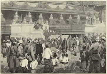 Buddyjski arcybiskup Birmy przyjmujący Sir Fredericka Robertsa w klasztorze w Mandalay