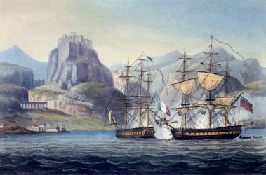 Zdobycie Var przez HMS Belle Poule z Korfu, 1809, z The Naval Chronology of Great Britain, J. Ralfe