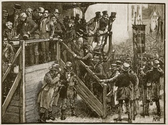 Konkurs Clare: Ojciec Murphy prowadzi swoich lokatorów do głosowania, ilustracja z Cassells Illustrated History of England (zdjęcie w sepii)