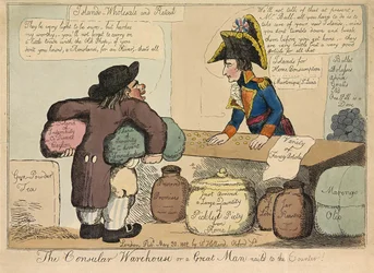 Magazyn konsularny lub wielki człowiek przybity gwoździami do lady, pub. 1802 (grawerowanie ręcznie kolorowane)