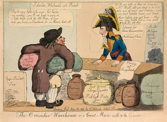 Magazyn konsularny lub wielki człowiek przybity gwoździami do lady, pub. 1802 ręcznie kolorowane grawerowanie.