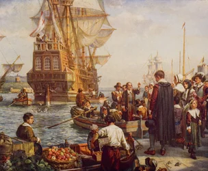 Wyjazd Ojców Pielgrzymów w 1620 r., ilustracja z „Zarysu historii” H.G. Wellsa, tom II, wydanej w 1920 r.