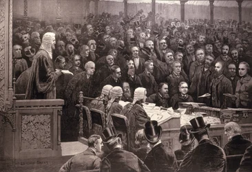 Wydział Izby Gmin w sprawie irlandzkiej zasady autonomii, „The Ayes; 311, Noes; 341”, z „The Illustrated London News”, 6 grudnia 1886 r.