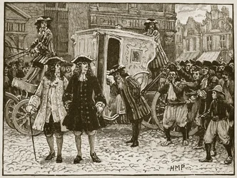 Angielski pełnomocnik obrażony na ulicach Utrechtu, 1712, ilustracja z Cassells Illustrated History of England (zdjęcie w sepii)