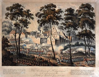 Zewnętrzna część Hougoumont na początku bitwy pod Waterloo, 18 czerwca 1815, rytowana przez T. Sutherland, opublikowana 1816 (akwatinta)