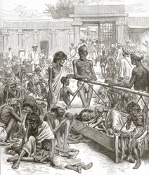 Głód w Indiach: tubylcy czekają na pomoc w Bangalore, październik 1877.