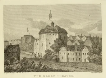 The Globe Theatre nad Bankside, jak pojawił się za panowania Jakuba I (1566-1625), po rycinie c.1612, opublikowany 1810