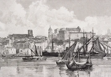 Port, Brindisi, Włochy, z „Malowniczego Morza Śródziemnego”, tom 3, wydanego przez Cassell and Co. Ltd., lata 80.-90.