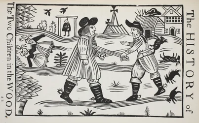 Historia dwojga dzieci w lesie, ilustracja z książki Chap z XVIII wieku autorstwa Johna Ashtona, wyd. 1882