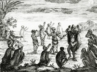 Hotentoci czczą Księżyc, ilustracja z „Obecnego stanu Przylądka Dobrej Nadziei” Petera Kolba, opublikowana w 1731 r.