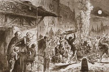 Ikonoklasci w Bazylei płonący obrazy i idole, ilustracja z Historii protestantyzmu Jamesa Aitkena Wylie (1808-1890), wyd. 1878