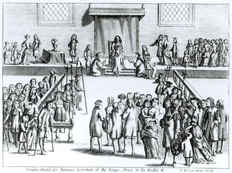 Sposób Jego Królewskiej Mości Leczenia Choroby zwanej Złem Króla, rytowany przez Fredericka Hendricka van Hove (ok. 1628-98) wydrukowany dla Dormana Newmana (patrz także 259707)