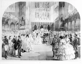 Ślub Wiktorii, księżniczki królewskiej (1840-1901) i księcia Fryderyka Wilhelma Pruskiego (1831-88) w Kaplicy Królewskiej, St. James