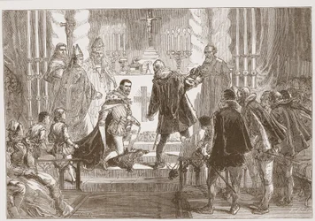 Marszałek Polski domagający się przysięgi od księcia Andegaweńskiego, ilustracja z Historii protestantyzmu Jamesa Aitkena Wyliego (1808-1890), wyd. 1878