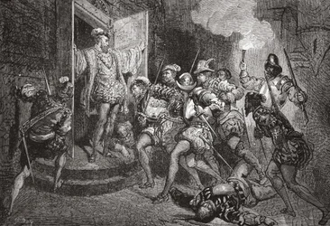 Masakra św. Bartłomieja: atak na kwaterę Colignys, ilustracja z Historii protestantyzmu Jamesa Aitkena Wylie (1808-1890), wyd. 1878