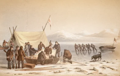 Spotkanie w Wellington Channel, 14 czerwca 1851, ilustracja z Podróży do Baffins Bay i Barrow Straits..., 1852 (ręcznie kolorowana grawerunek)