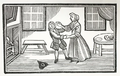 Metoda, którą zastosowała Meg, aby jeden z wikariuszy zapłacił swój wynik, ilustracja z książki Chap-books of the Eighteenth Century autorstwa Johna Ashtona, wyd. 1882