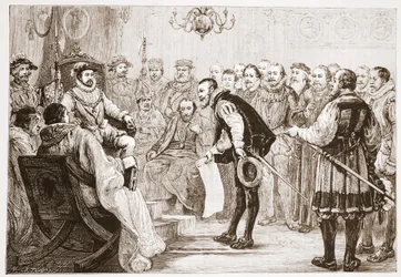 Książęta protestanccy przedstawiający swoje spowiedź Karolowi, ilustracja z Historii protestantyzmu Jamesa Aitkena Wylie (1808-1890), wyd. 1878