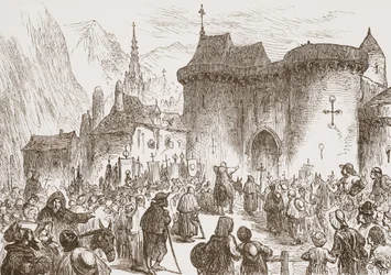 Pozorni pielgrzymi przy Bramie Genewskiej, ilustracja z Historii protestantyzmu Jamesa Aitkena Wylie (1808-1890), wyd. 1878
