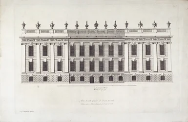 „Front południowy Chatsworth”, ilustracja z „Vitruvius Britannicus or The British Architect” autorstwa Colena Campbella (rycina)