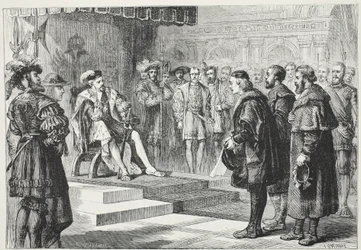 Trzej ambasadorowie protestanccy przed cesarzem Karolem, ilustracja z Historii protestantyzmu Jamesa Aitkena Wylie (1808-1890), wyd. 1878