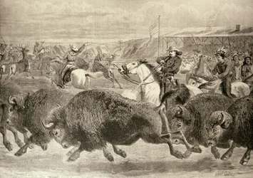„Dziki Zachód” na Wielkiej Wystawie Amerykańskiej: Polowanie na bizony i jelenie Wapiti, z „The Illustrated London News”, 18 czerwca 1887
