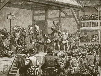 Aktorstwo jednej ze sztuk Szekspira w czasach królowej Elżbiety, ilustracja z Ilustrowanej Historii Anglii Cassella (zdjęcie w sepii)