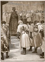 Baronowie przedstawiający swoje żądania Henrykowi, ilustracja z Cassells Illustrated History of England (zdjęcie w sepii)
