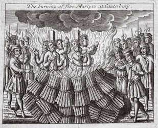 Spalenie pięciu męczenników w Canterbury, ilustracja z "Acts and Monuments" Johna Foxe
