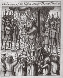 Spalenie błogosławionego męczennika Thomasa Tomkinsa, ilustracja z "Acts and Monuments" Johna Foxe