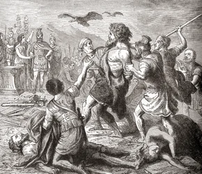 Pojmanie Teutobochusa, legendarnego olbrzyma i króla Teutonów, z Ilustrowanej historii świata Ward and Lock, wydanej ok. 1882