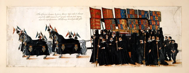 Kondukt żałobny królowej Elżbiety I do Opactwa Westminsterskiego, 28 kwietnia 1603. Rydwan ciągnięty jest przez cztery konie. Trumna pokryta jest fioletowym aksamitem, na którym leży wizerunek królowej. Baldachim rodzi sześciu rycerzy, z Panami Emeryci