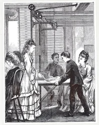 Przyrządy do przenoszenia wiadomości w Post Office Telegraph Headquarters, Telegraph Street, Londyn, z The Graphic, 1871